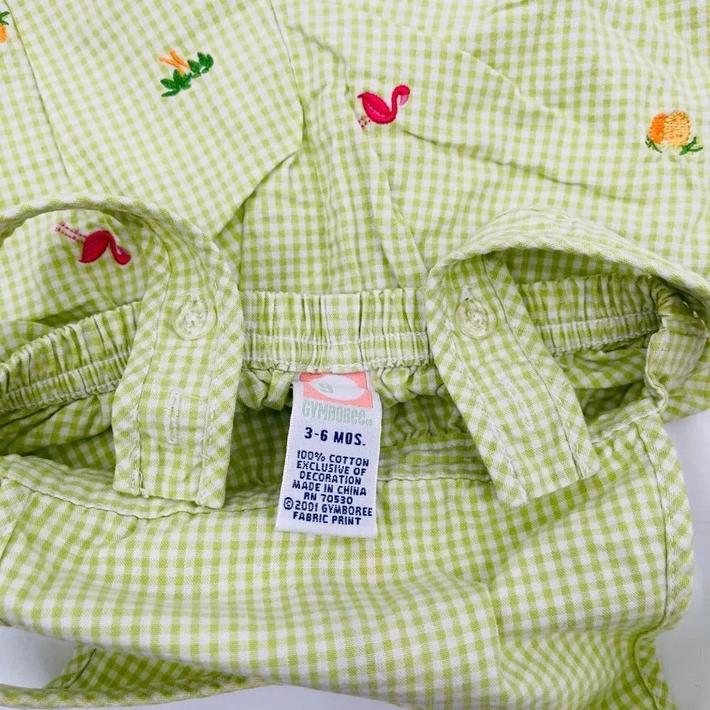 Gymboree Gingham Embroidered Romper Size 3-6 M Tropical Flamingo‎ Palm Tree
